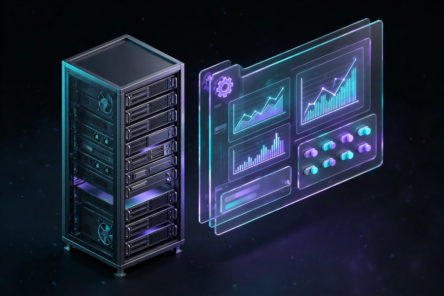 Isometric illustration of a server rack beside a floating glass control dashboard