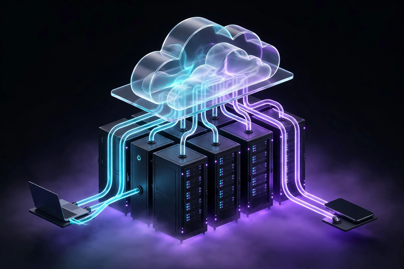 Isometric illustration of the Offshore Hosting datacenter — server racks, a cloud platform and connected devices