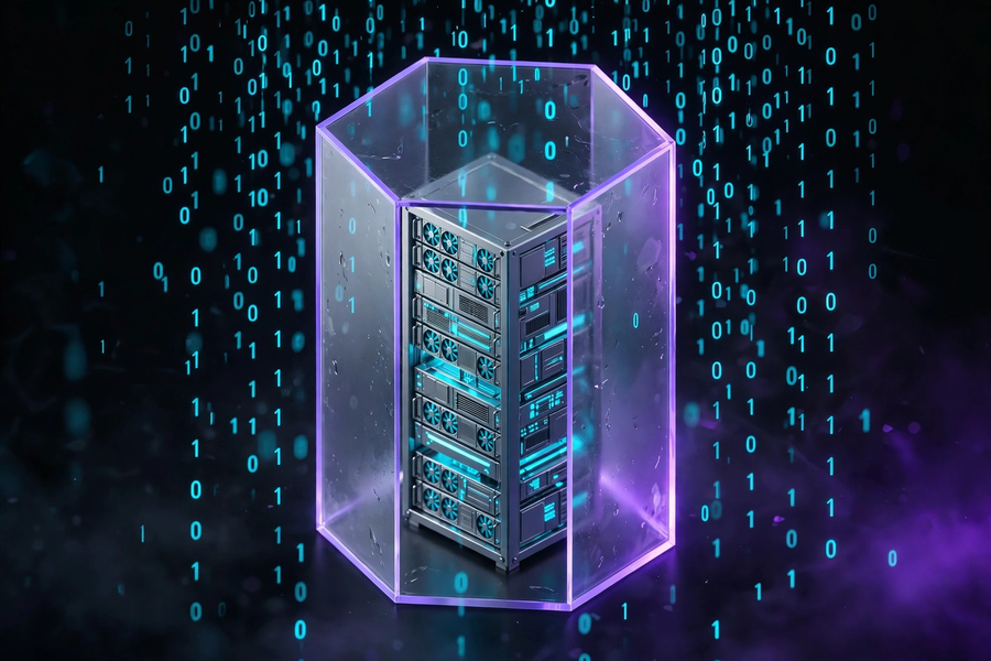 Isometric illustration of a server inside a glass hexagon with binary code rain