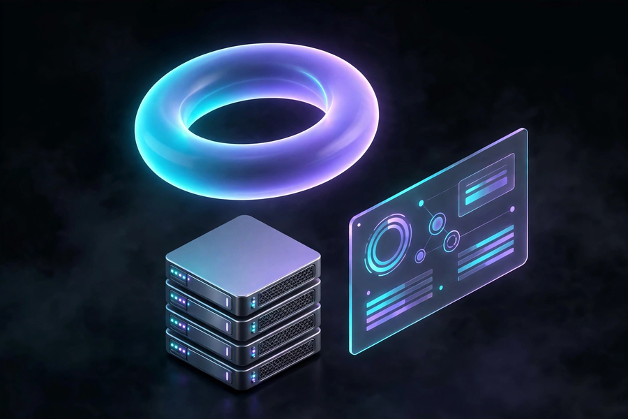Isometric illustration of a glowing ring above a server with a dashboard panel